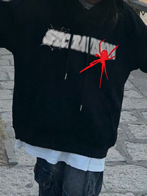 Men's Hip Pop Spider Web Print Oversized Hoodie-2