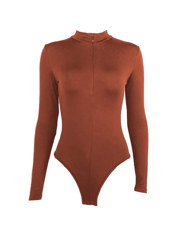 Solid Half Zip Mock Neck Bodysuits-2