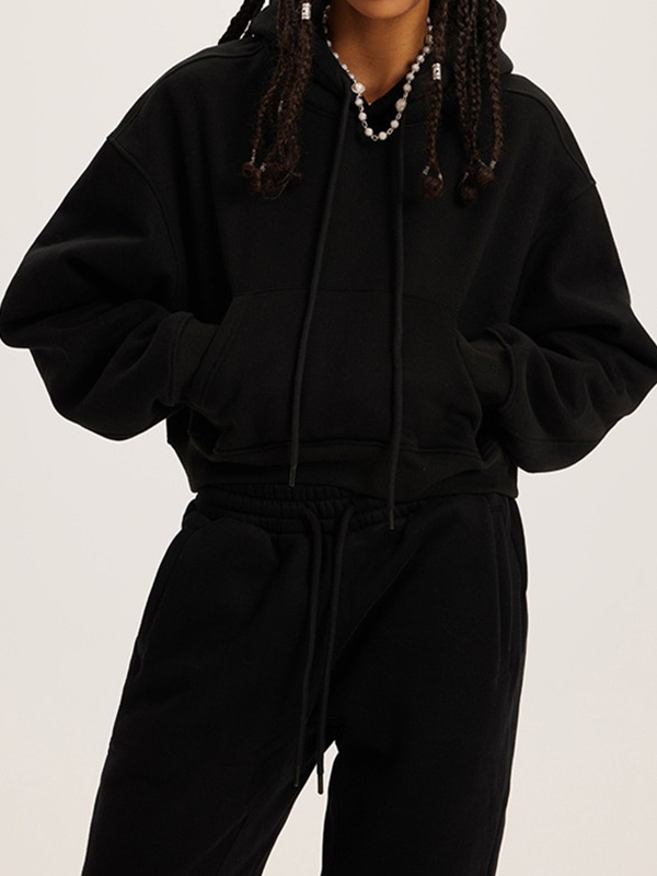 Solid Color Kangaroo Pocket Short Oversized Hoodie-1