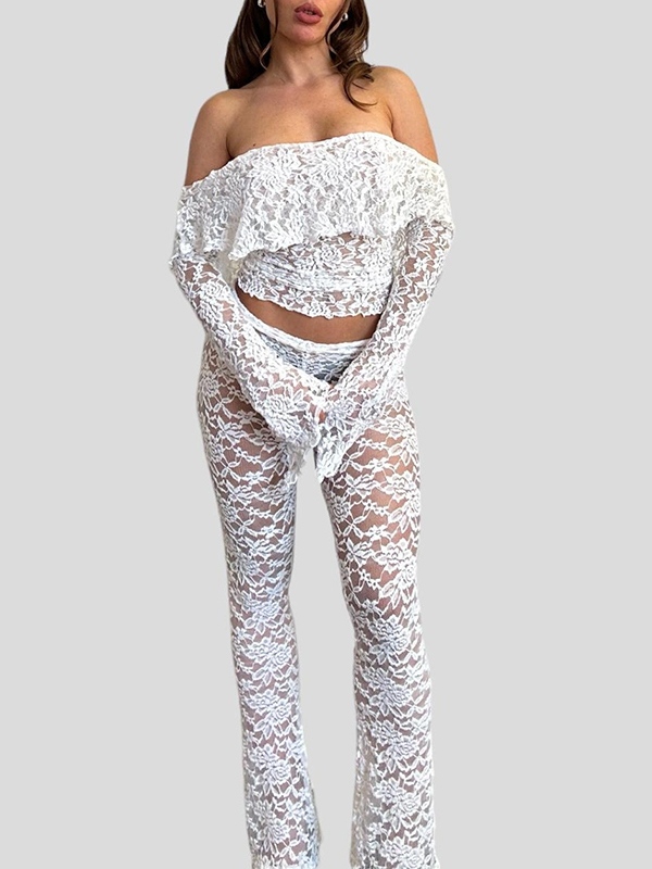Lace Off Shoulder Long Sleeve Tee&Flared Pants Set-3
