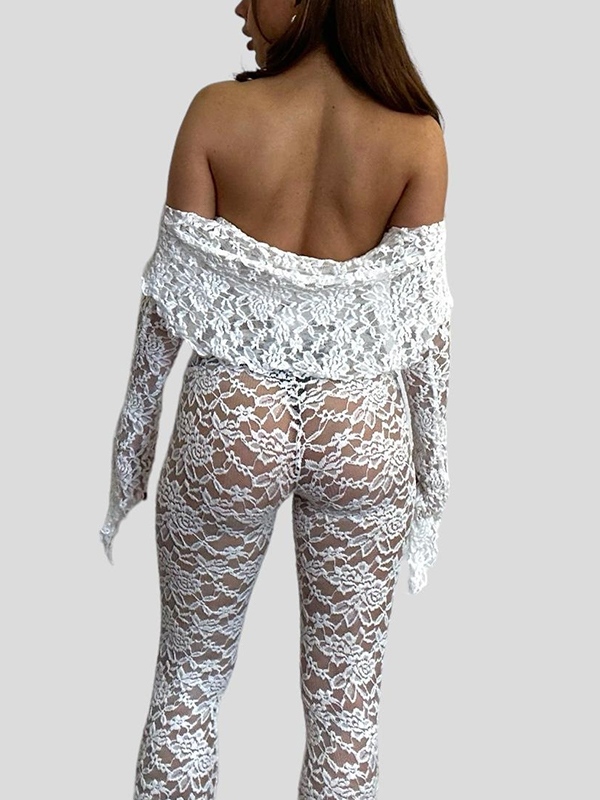 Lace Off Shoulder Long Sleeve Tee&Flared Pants Set-1