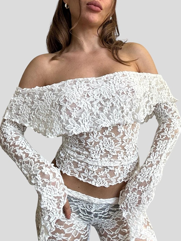 Lace Off Shoulder Long Sleeve Tee&Flared Pants Set-2