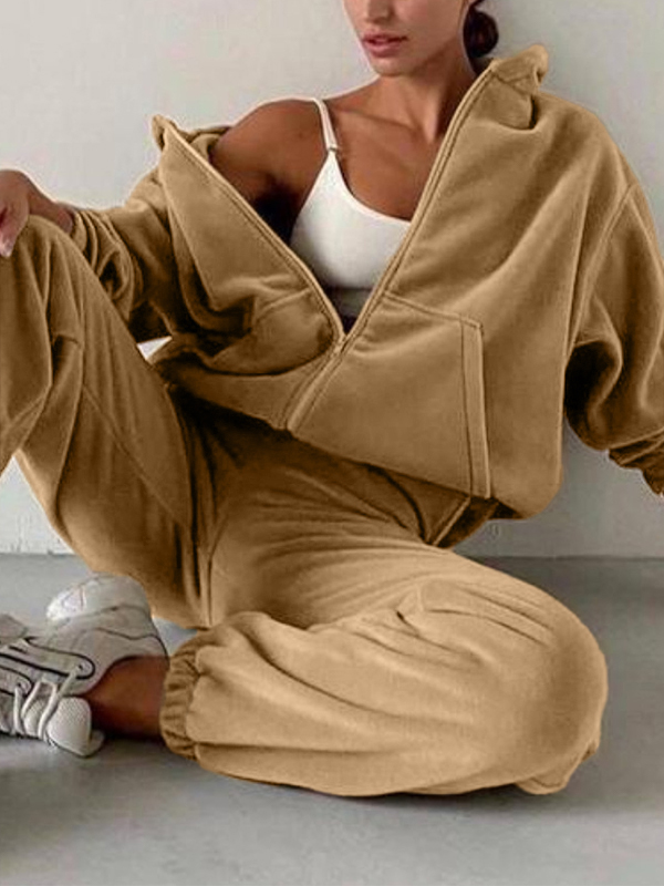 Solid Zip Up Oversized Hoodie&Bound Feet Sweatpants Set-2
