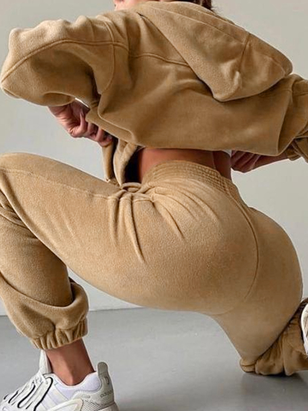 Solid Zip Up Oversized Hoodie&Bound Feet Sweatpants Set-1