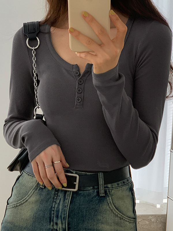 Solid Color Rib High Elastic Breasted Long Sleeve Knit-4