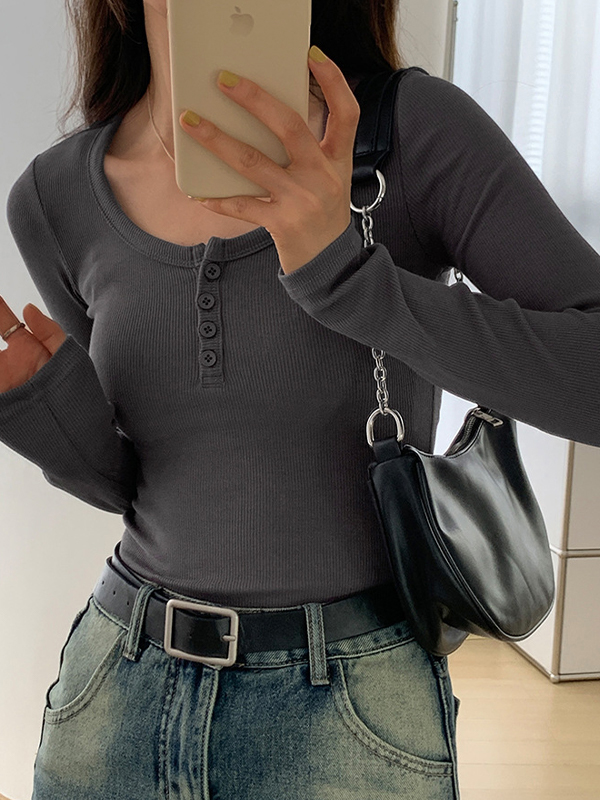 Solid Color Rib High Elastic Breasted Long Sleeve Knit-2