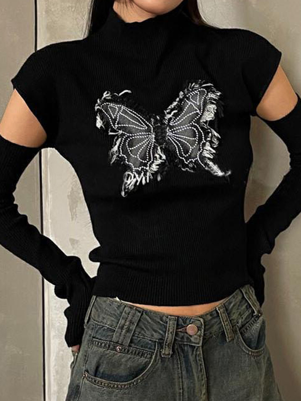 Butterfly Patch Mock Neck With Cuff Long Sleeve Knit-0