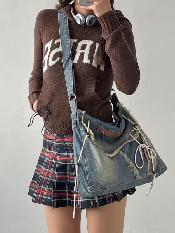 Y2K Denim Raw Detail Zip Up Tie Front Crossbody Bag-4