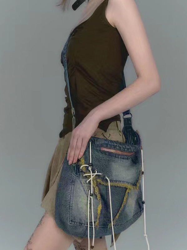 Y2K Denim Raw Detail Zip Up Tie Front Crossbody Bag-3