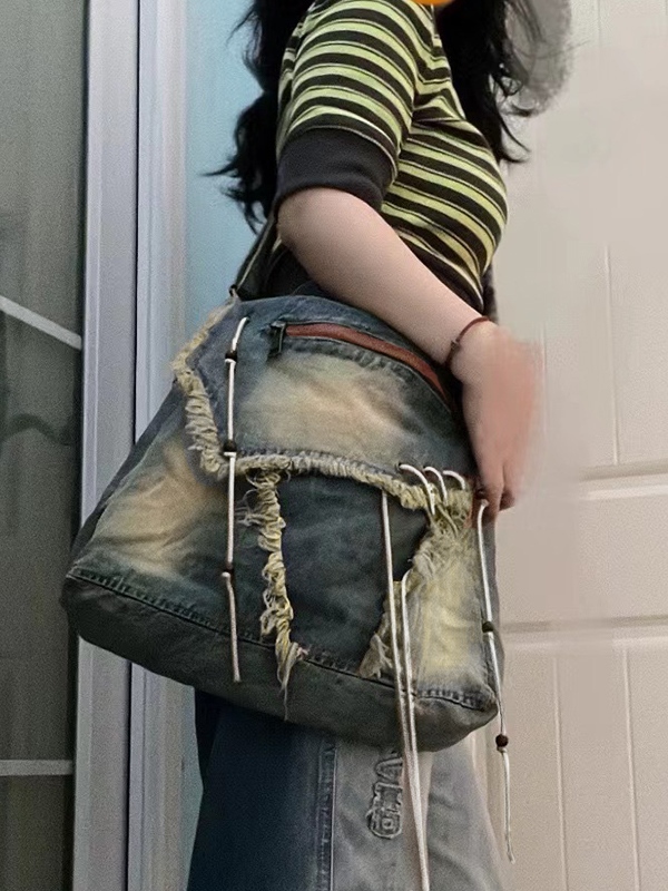 Y2K Denim Raw Detail Zip Up Tie Front Crossbody Bag-5